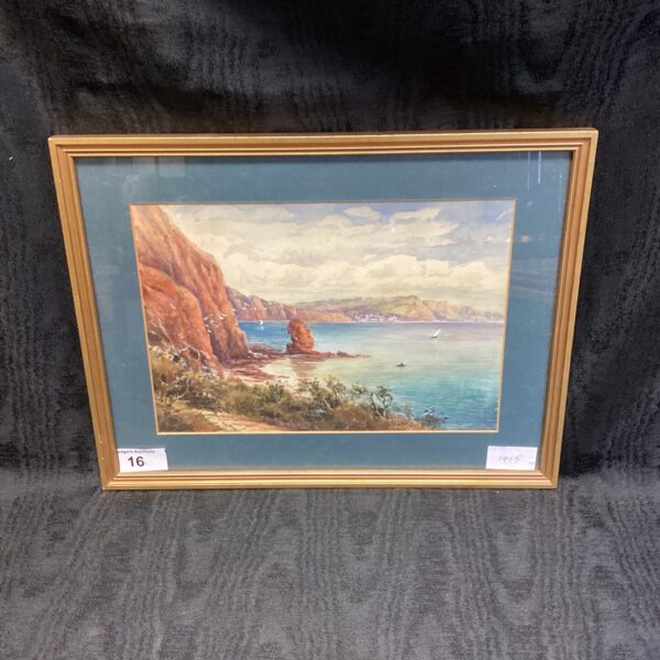 Vintage coastal landscape painting with a serene seascape and signed artist.
