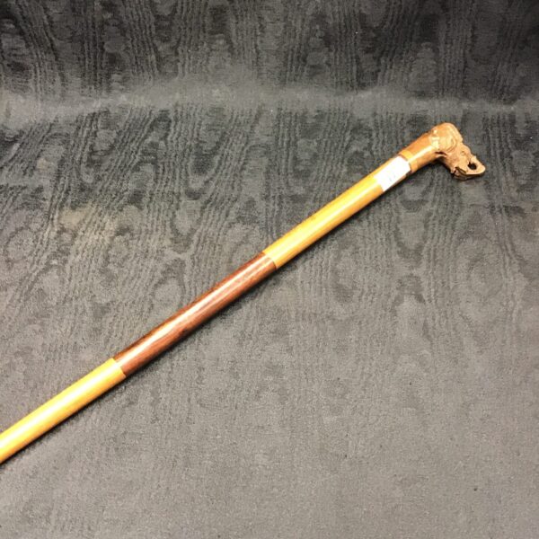 Antique walking cane with detailed carved dog head handle.