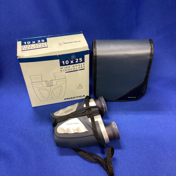 Vintage Praktica 10x25 binoculars with neck strap.