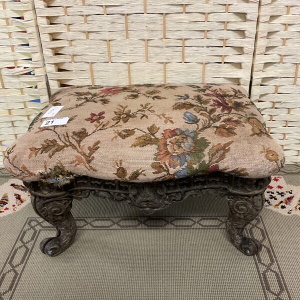 Antique Victorian footstool with a beautiful floral tapestry seat.