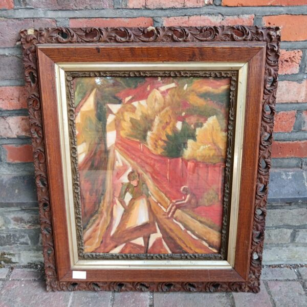 Vintage impressionist oil painting of an Eastern European country scene with figures.
