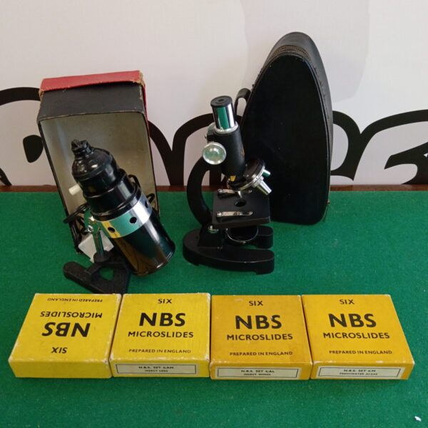 Vintage brass school microscope with prepared slides for science education.