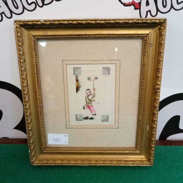 Antique Chinese Pithee watercolour miniature of boy with butterflies.