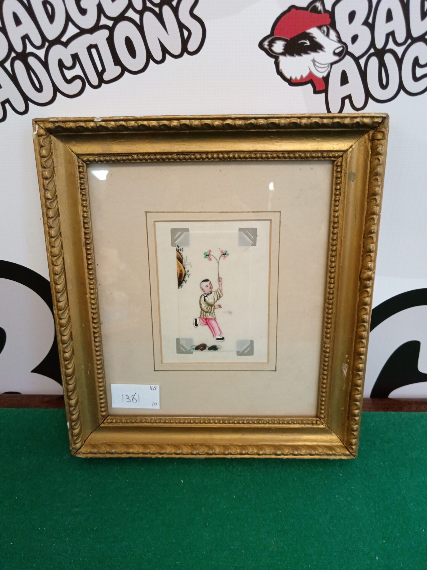 261 antique chinese pithee watercolour miniature of boy with butterflies on string