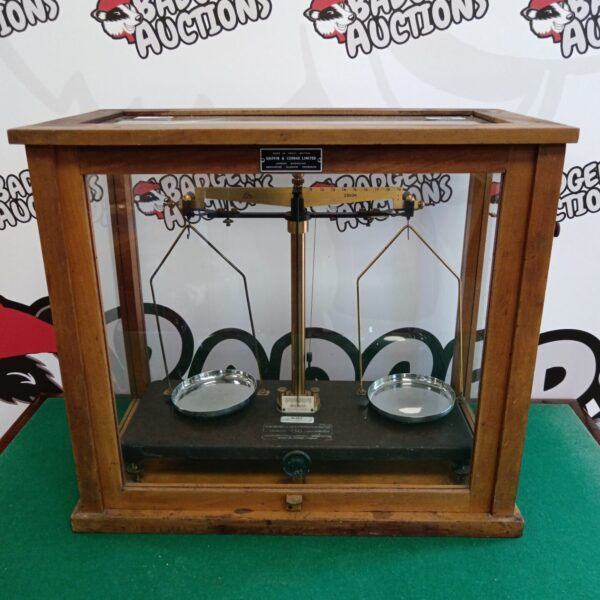 Vintage Griffin & George scales in wooden case for weighing.