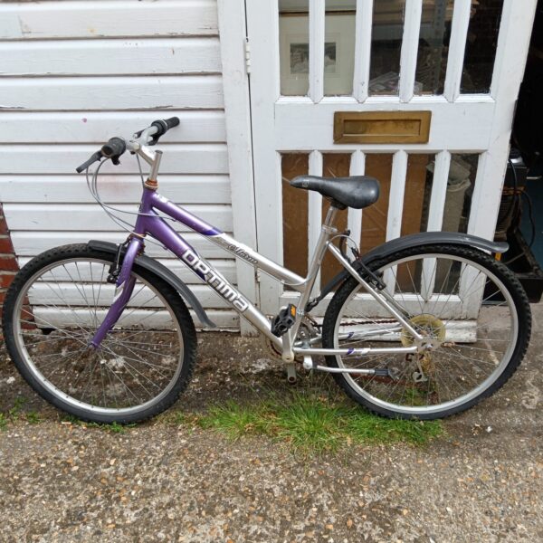Purple Optima Storm girls bicycle needing restoration.