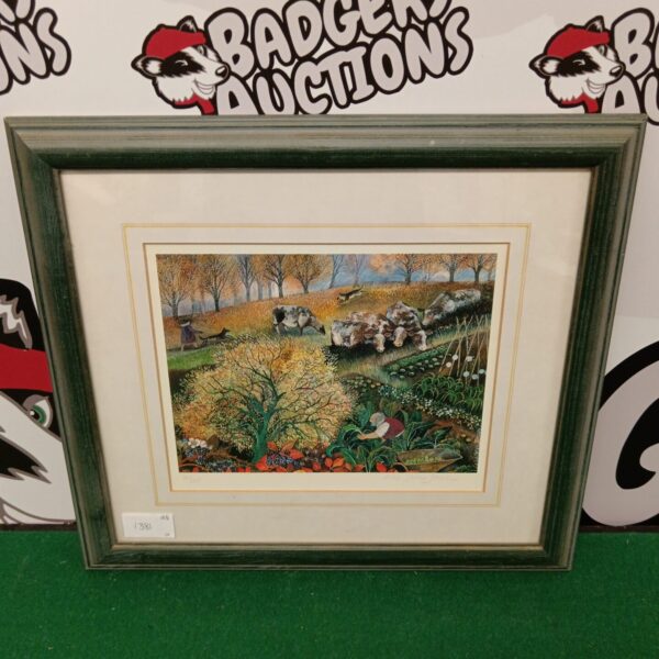 Signed Lisa Graa Jensen Danish landscape print with cattle and figures.