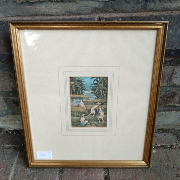 Vintage oriental watercolour painting by Budi Iklysa Boli depicting a rural scene.