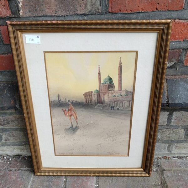 19th-century Anton Purbini watercolour painting of a camel by a mosque.