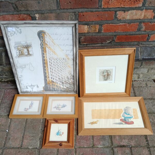Vintage lot of framed elephant prints and architectural art.