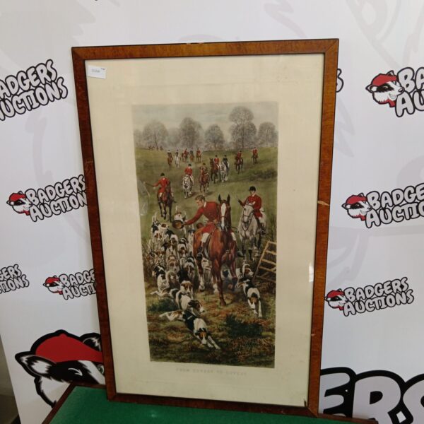 Antique hunt engraving "From Covert to Covert" depicting a lively countryside scene.