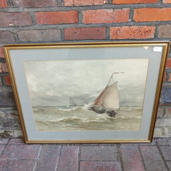 Signed J M Lion seascape watercolour painting of sailing boats.