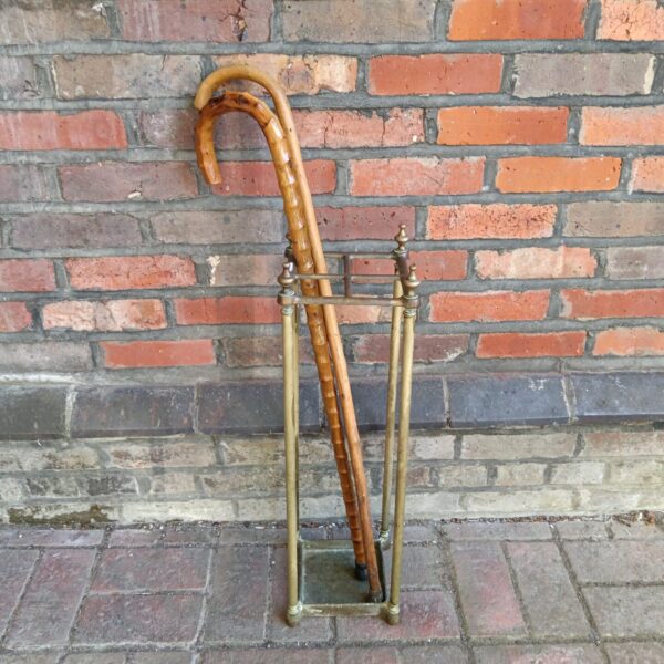 Vintage brass stick stand with two walking canes displayed.