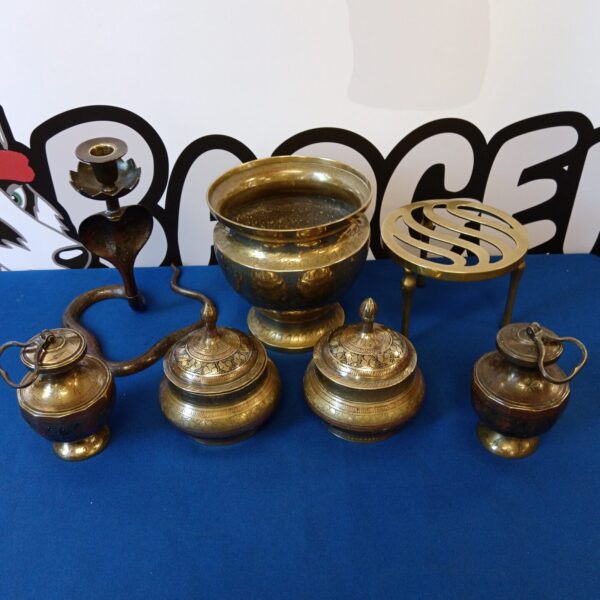 Vintage Indian brass ware lot including pots and cobra candlestick.