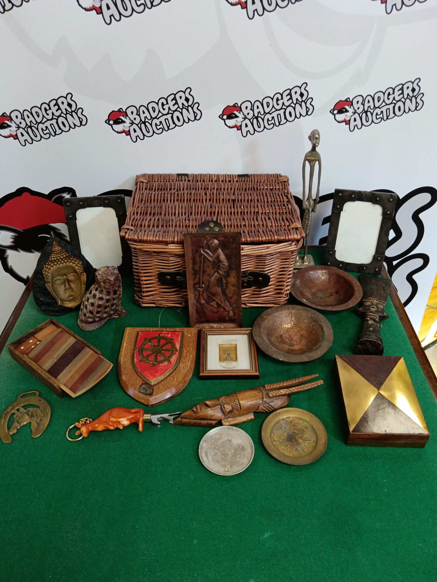 027 Basket of mixed collectables including copper bowls & playing card box