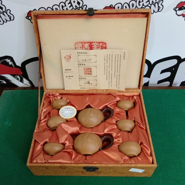 Vintage Longdetang 1996 Chinese porcelain teaset with teapot and cups.