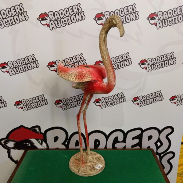 Vintage aluminium pink flamingo garden ornament for lawn display.
