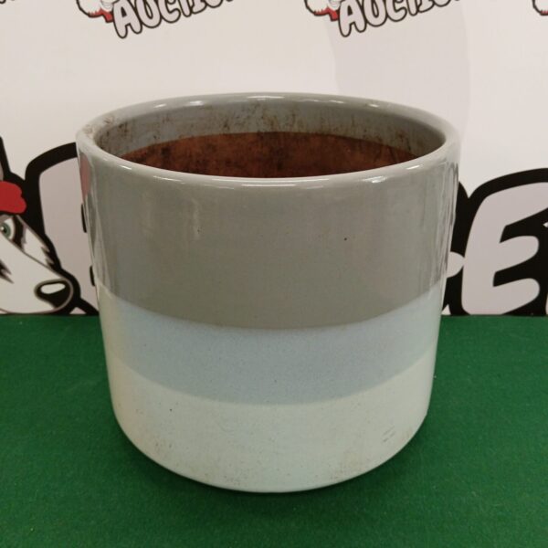Large grey and white glazed terracotta plant pot for garden use.