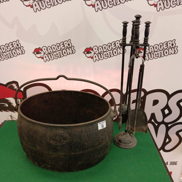 Vintage Clark & Co cauldron with fireplace companion set for rustic decor.