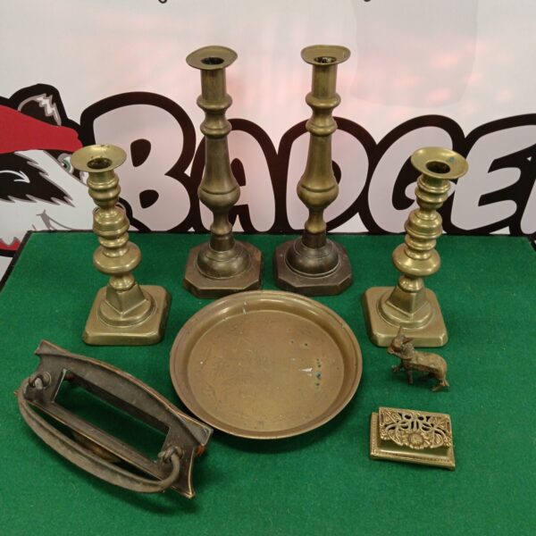 Vintage brass candlesticks and stamp box lot for collectors.