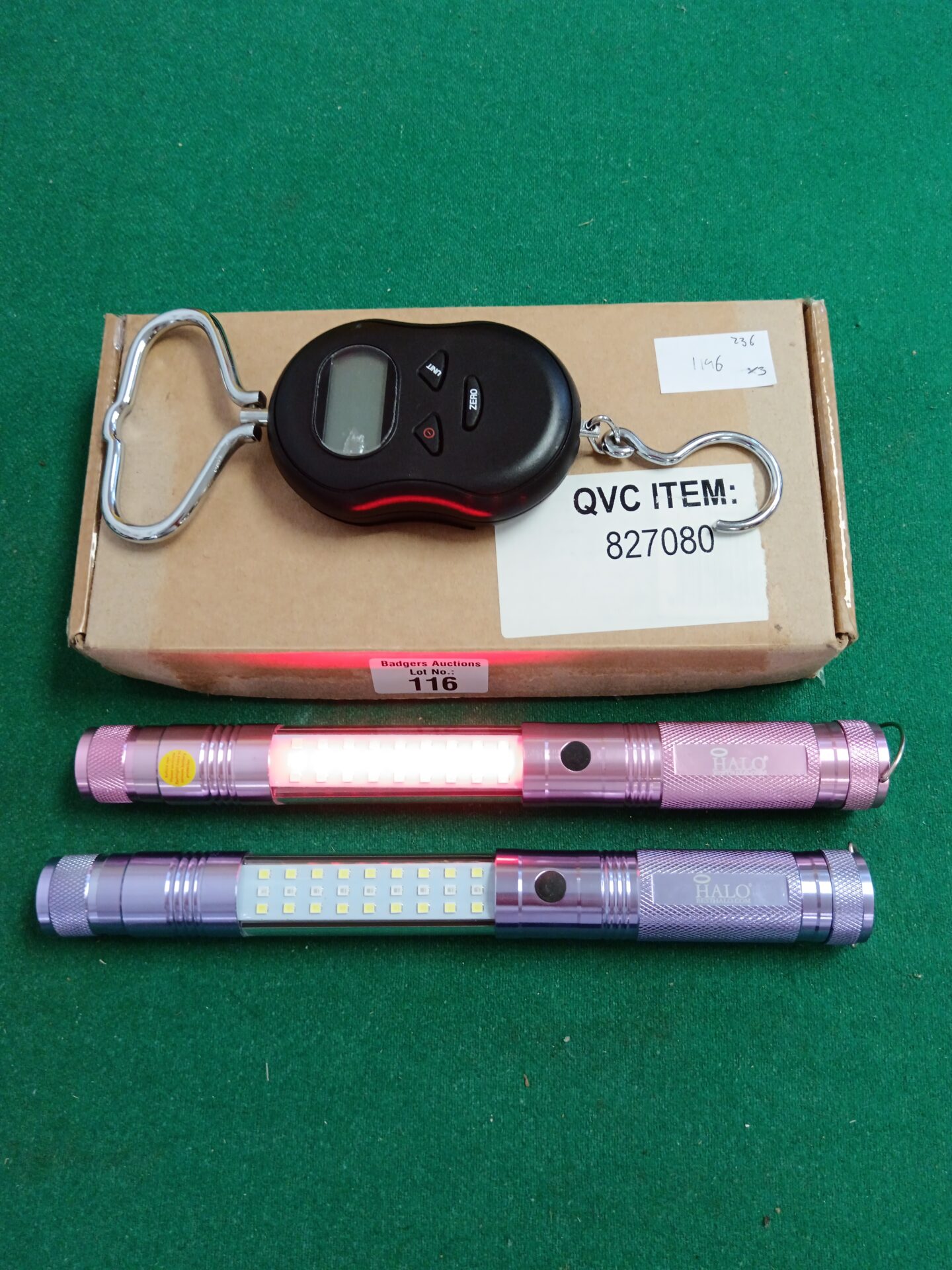 116 Two halo led torches & set of luggage scales