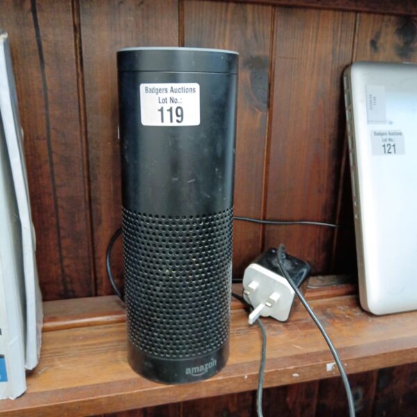 Front view of a black Amazon Alexa smart speaker.