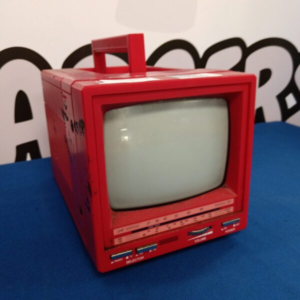Red vintage Alba 5” portable television, retro 1980s design.