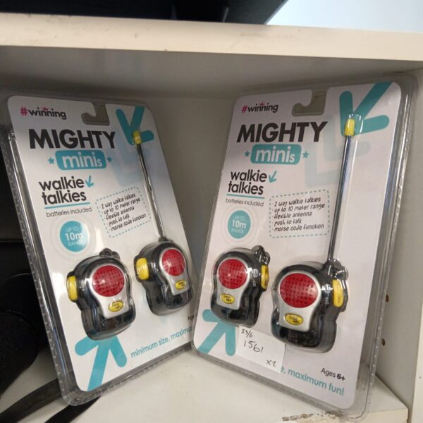 Mighty Minis walkie talkies in packaging, a pair of two way radios.