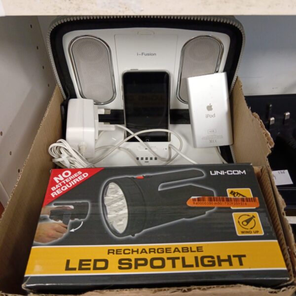 iFusion iPod docking station with LED spotlight, vintage audio equipment.
