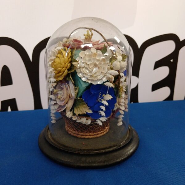 Victorian shell flower bouquet under a glass dome, antique floral display.