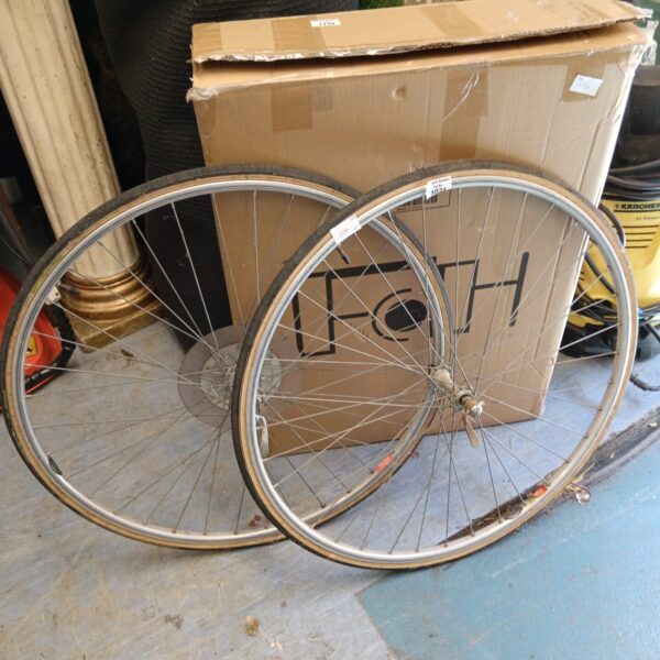 Pair of vintage Rigida bicycle wheels with tyres.