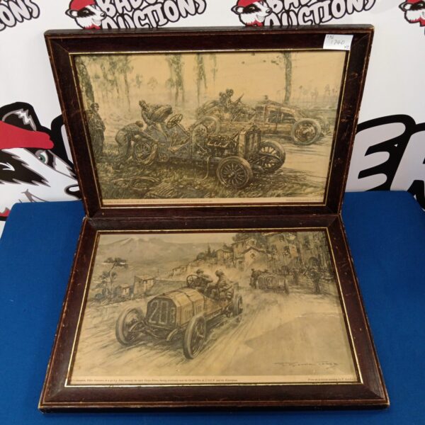 Pair of vintage motor racing prints in ornate frames.