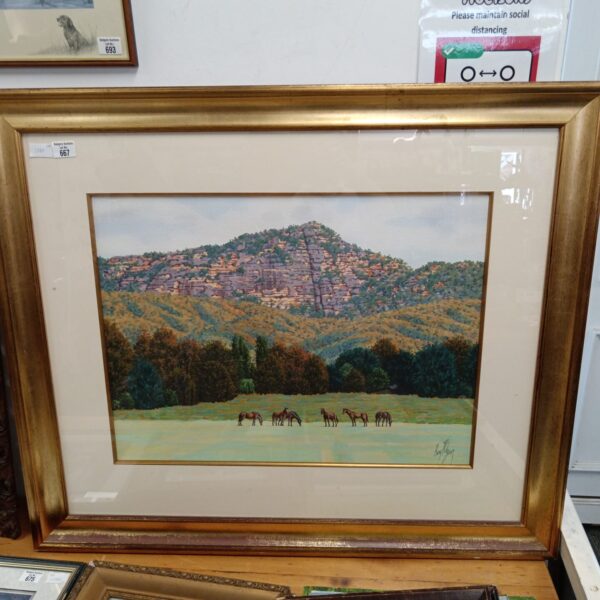 Original Harry Pidgeon horse painting of a mountainous landscape.