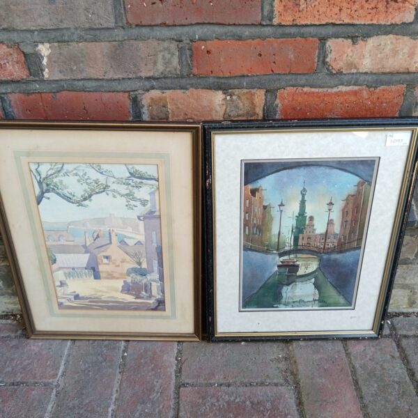 Signed Amsterdam canal watercolour painting in a vintage frame.