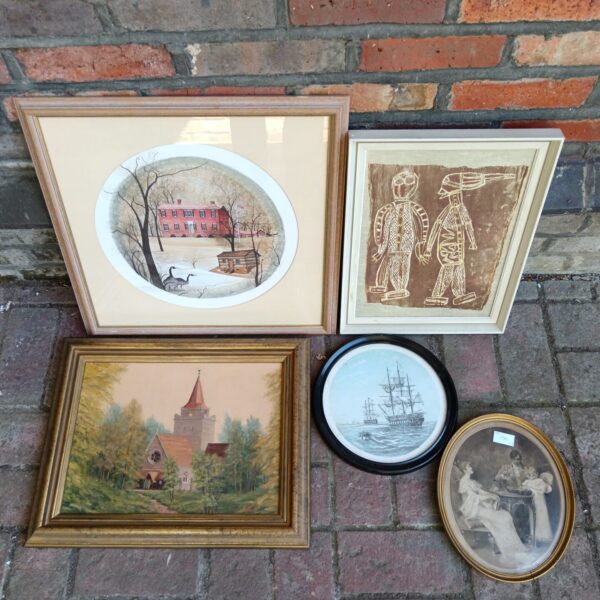 Vintage framed oil painting of a church landscape.