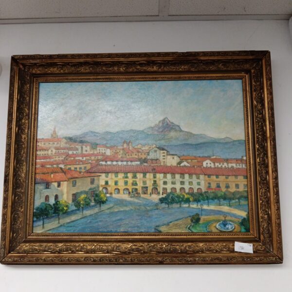 Vintage Italian cityscape painting with a gilt frame.