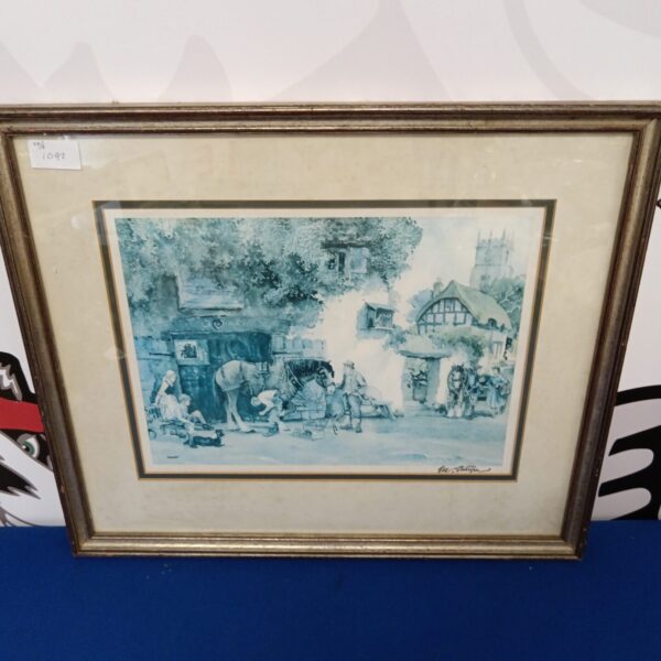 Vintage E R Sturgeon print of a blacksmith workshop scene.