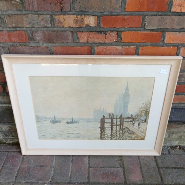Large framed print of the Thames below Westminster in a Monet style.