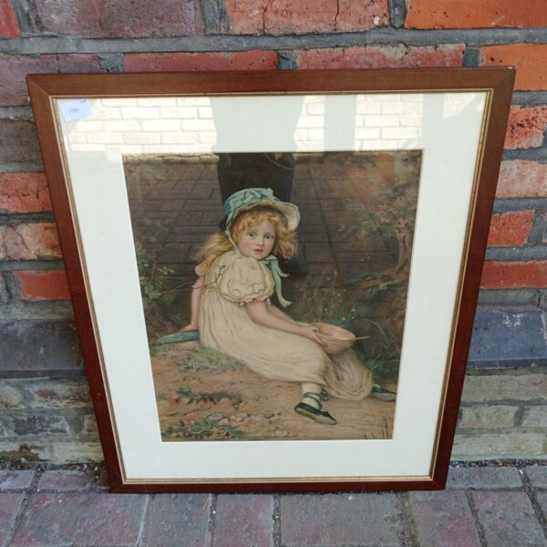 Antique Victorian chromolithograph print of Little Miss Muffet.