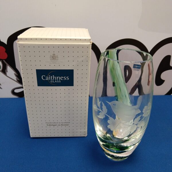 Limited edition Caithness Glass vase with wren bird design.