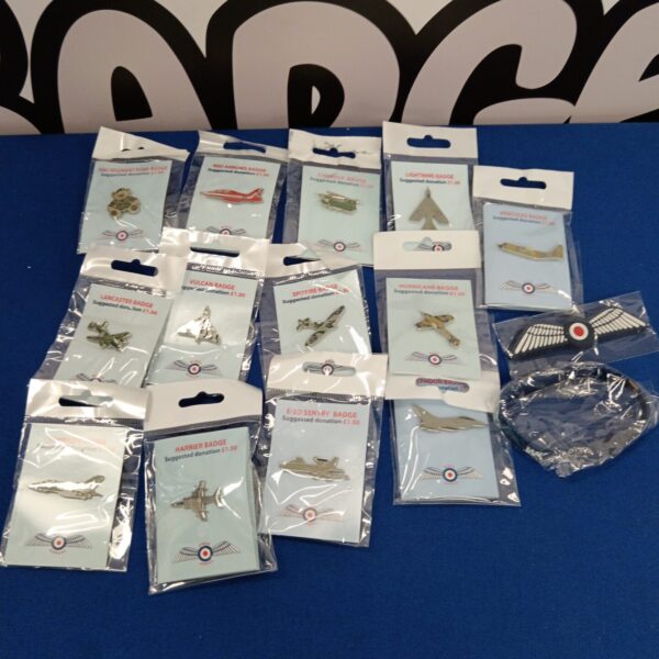 Collection of RAF pin badges featuring various aircraft.