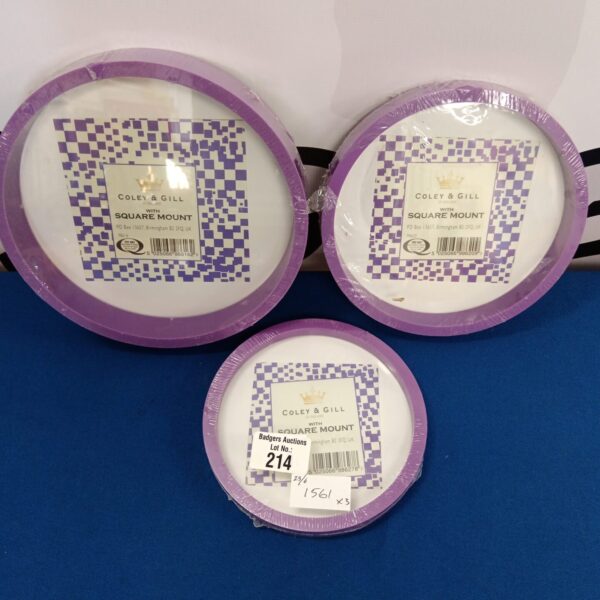 Set of three vibrant purple round photo frames by Coley & Gill.