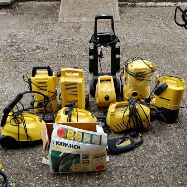 Lot of Karcher pressure washers and steam cleaners for parts or restoration.