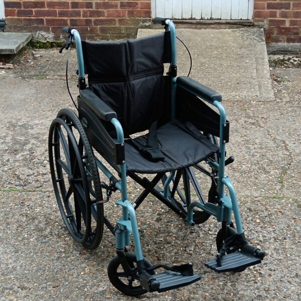 Blue Days Escape folding wheelchair, a lightweight mobility aid.