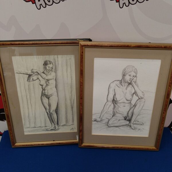 Pair of vintage nude female sketches in pencil.