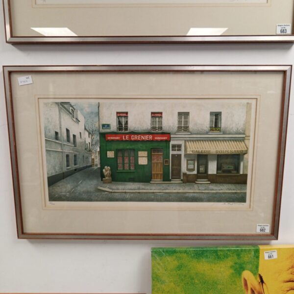 Charming Renoux print of French shop La Grenier, signed limited edition.