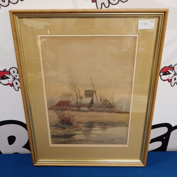 Antique 19th-century watercolour painting of a farmhouse and windmill.