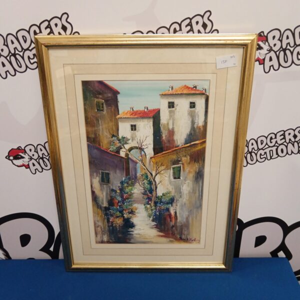 Signed pallet oil painting of a charming Mediterranean town scene.