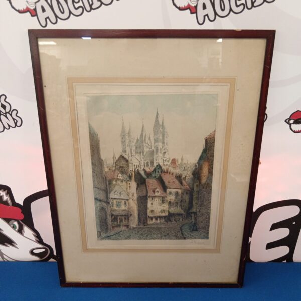 Antique aquatint print of Tournai Cathedral signed A. Dupont.