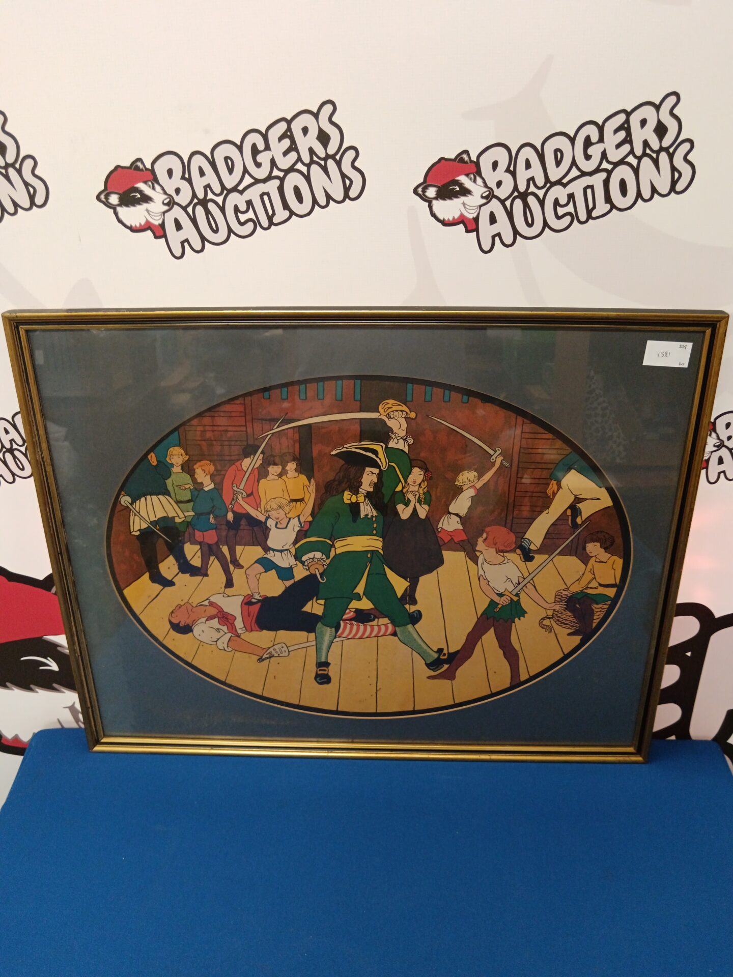 710 19th century oval chromolithograph nursery print of peter pan & captain hook